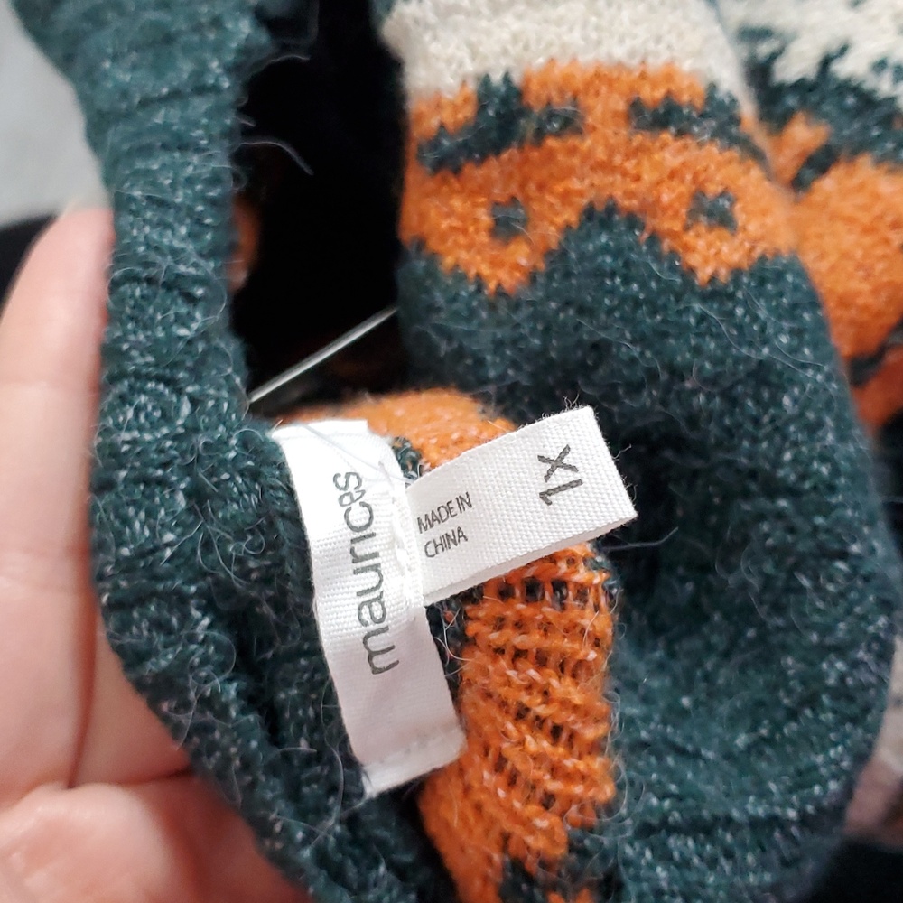 Maurices Teal Green and Orange Pumpkin Fall Knit Sweater Women's 1X - Picture 5 of 9